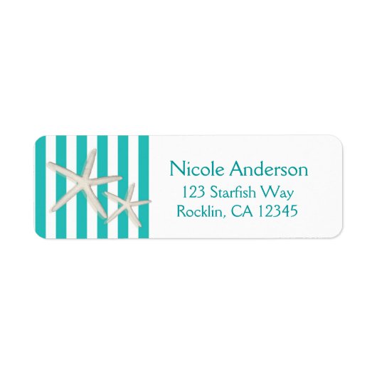 ホワイトヒトデティール（緑がかった色）ターコイズストライプのビーチ ラベル (正面)