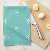 ホワイトヒトデパターンズティール（緑がかった色）ブルー航海のビーチ キッチンタオル (四つ折り)