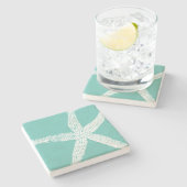 ホワイトヒトデ模様ビーチティール（緑がかった色）ブルー航海の ストーンコースター (横)