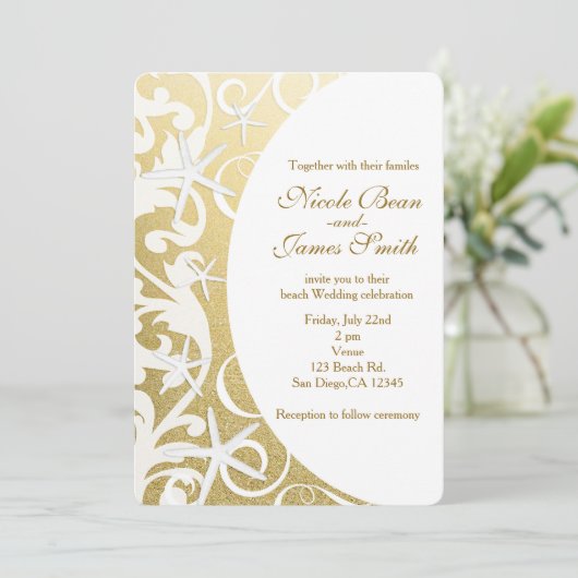 ホワイトヒトデ金ゴールドビーチ結婚式招待状 招待状 (スタンド正面)