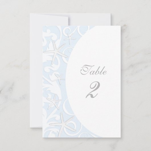 ホワイトヒトデ青ビーチ結婚式テーブル番号 招待状 (正面)
