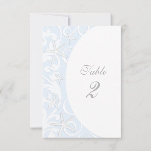 ホワイトヒトデ青ビーチ結婚式テーブル番号 招待状 (裏面)