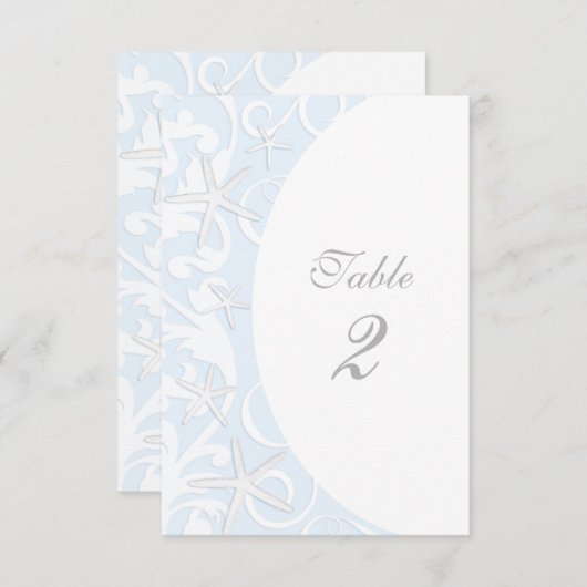 ホワイトヒトデ青ビーチ結婚式テーブル番号 招待状 (正面/裏面)