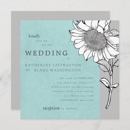 ホワイトヒマワリグレー スクエア結婚式 招待状 (正面/裏面)