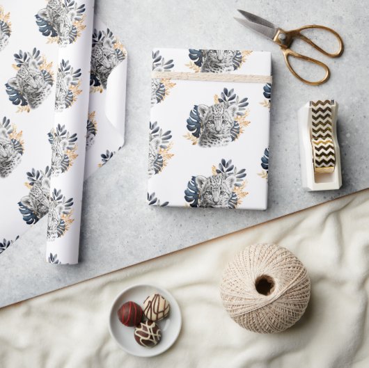 ホワイトヒョウ・ブルー熱帯葉 ラッピングペーパー (クラフト)