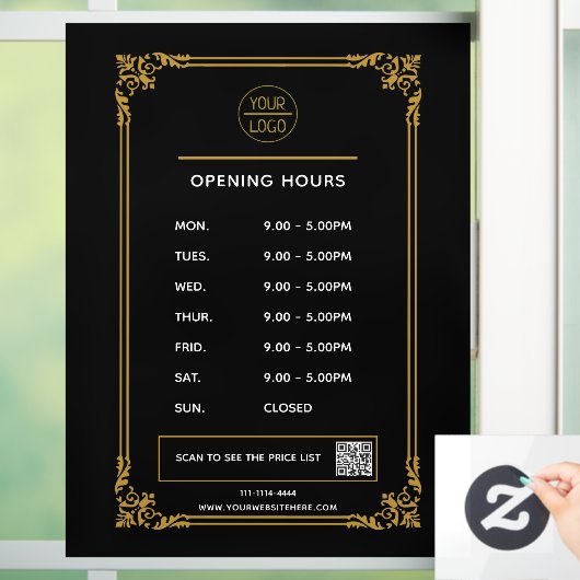 ホワイトビジネスの営業時間のロゴとqrコード風 ウィンドウサイン (ホーム)