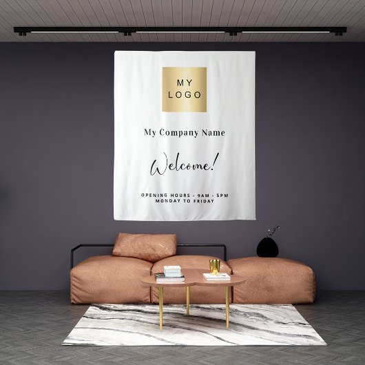 ホワイトビジネスロゴ名の営業時間 タペストリー