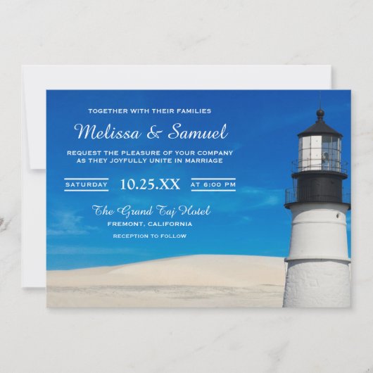 ホワイトビーチサンドシーニックライトハウスウェディング招待 招待状 (正面)