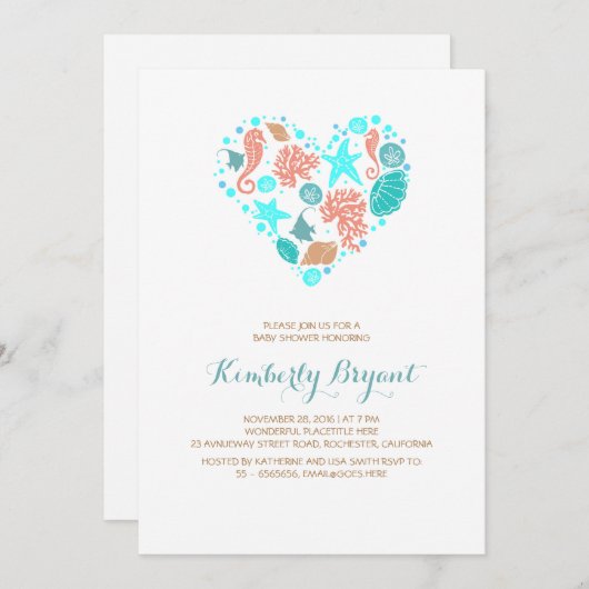 ホワイトビーチハートコー航海のスタルベビーシャワー 招待状 (正面/裏面)