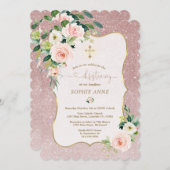 ホワイトピお洒落ンクフローラ金ゴールドガール《キリスト教》洗礼式や命名式 招待状 (正面/裏面)