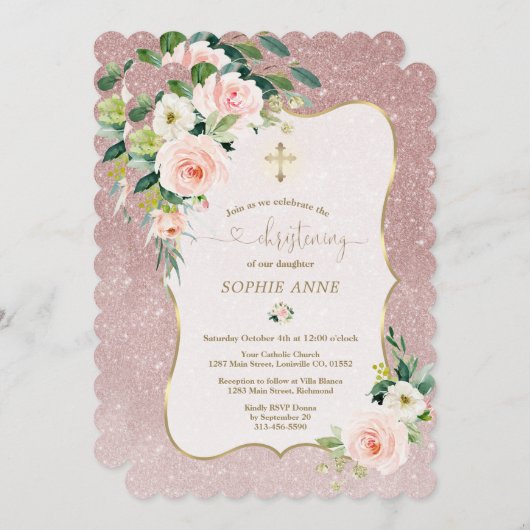 ホワイトピお洒落ンクフローラ金ゴールドガール《キリスト教》洗礼式や命名式 招待状 (正面/裏面)