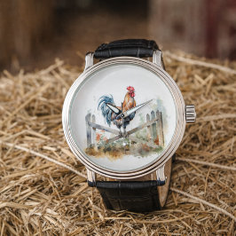 ホワイトピケットフェンスの水彩画に座っているオンドリ 腕時計