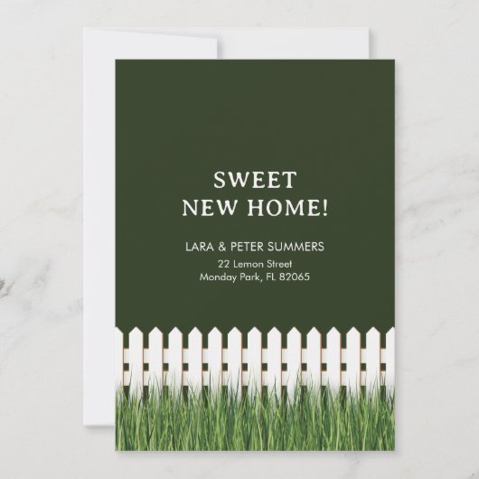 ホワイトピケットフェンスを使用した発表の移動 案内状 (正面)