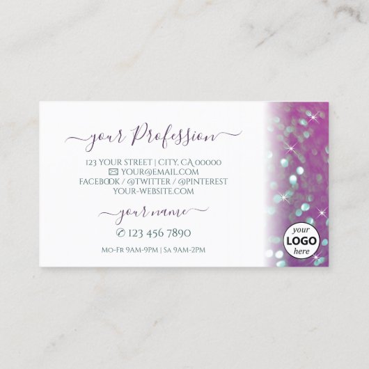 ホワイトピスタイリッシュンクティール(緑がかった色)きらめくグリッター追加ロゴ 名刺 (裏面)