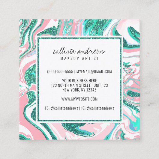 ホワイトピモダンンクティール(緑がかった色)グリーングリッターマーブルメイクアップ スクエア名刺 (裏面)