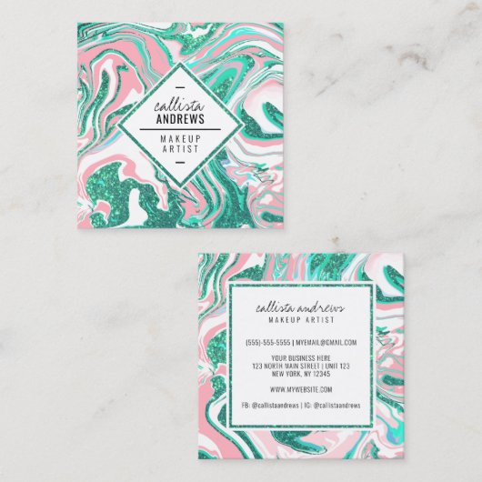 ホワイトピモダンンクティール（緑がかった色）グリーングリッターマーブルメイクアップ スクエア名刺 (正面/裏面)