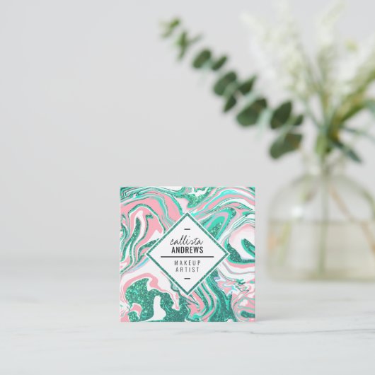 ホワイトピモダンンクティール（緑がかった色）グリーングリッターマーブルメイクアップ スクエア名刺 (スタンド正面)