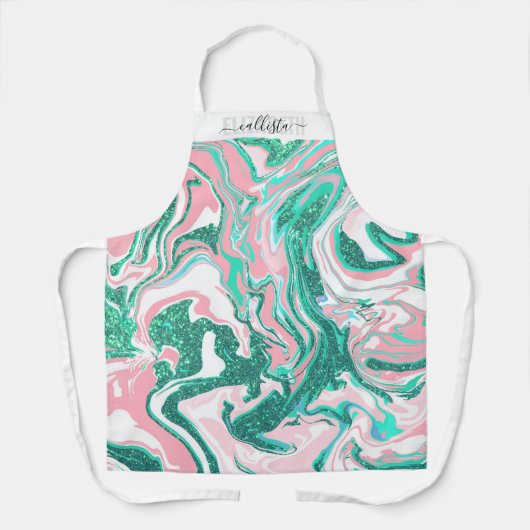 ホワイトピモダンンクティール（緑がかった色）グリーングリッター大理石 エプロン (正面)