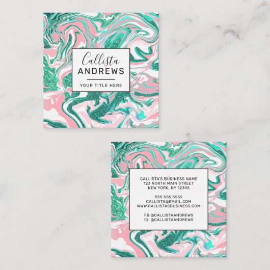 ホワイトピモダンンクティール（緑がかった色）グリーングリッター大理石 スクエア名刺 (正面/裏面)