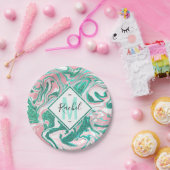 ホワイトピモダンンクティール(緑がかった色)グリーングリッター大理石 ペーパープレート (パーティー)