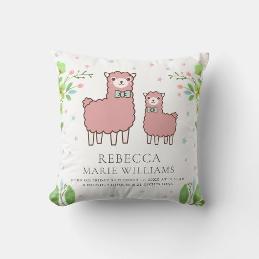 ホワイトピンクかわいいラマベビーガール誕生統計 クッション (正面)