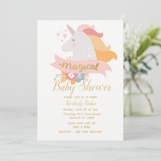 ホワイトピンクのオレンジ色の金ゴールドユニコーンフローラ赤ちゃんシャワー 招待状 (スタンド正面)