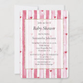 ホワイトピンクのハートストライプベビーシャワー 招待状 (正面)