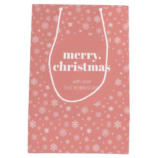 ホワイトピンクのメリークリスマススノーフレークパターン ミディアムペーパーバッグ (裏面)