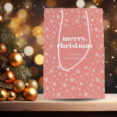ホワイトピンクのメリークリスマススノーフレークパターン ミディアムペーパーバッグ