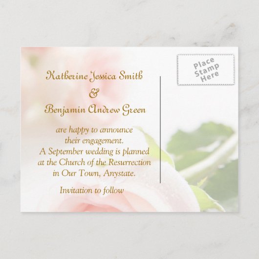 ホワイトピンクのローズ婚約発表 案内ポストカード (裏面)