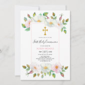 ホワイトピンクの野生の犬のバラフローラ第1聖餐式 招待状 (正面)