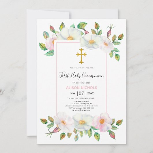 ホワイトピンクの野生の犬のバラフローラ第1聖餐式 招待状 (正面)