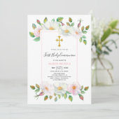 ホワイトピンクの野生の犬のバラフローラ第1聖餐式 招待状 (スタンド正面)