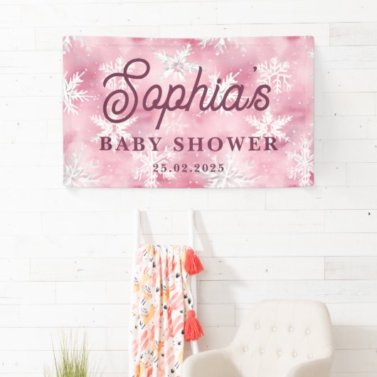 ホワイトピンクウィンタースノーフレークパターンガールパーティー 横断幕 (インサイチュ)