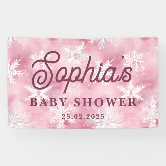 ホワイトピンクウィンタースノーフレークパターンガールパーティー 横断幕 (横)