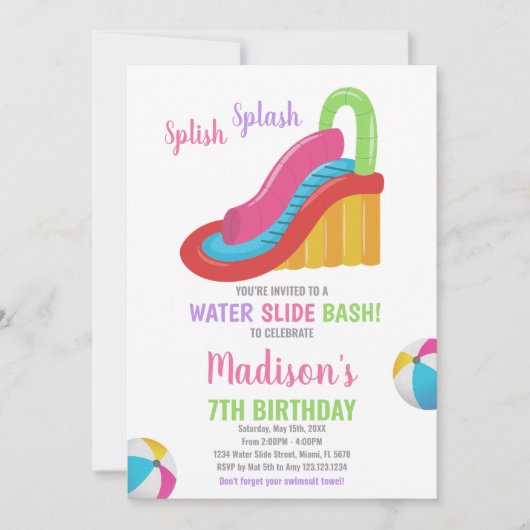 ホワイトピンクウォータースライド誕生日招待状 招待状 (正面)