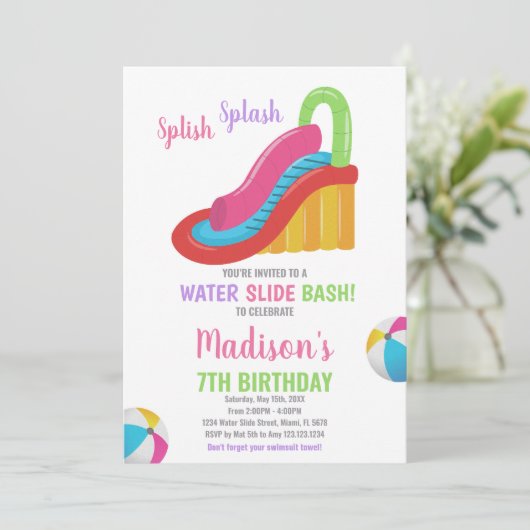 ホワイトピンクウォータースライド誕生日招待状 招待状 (スタンド正面)