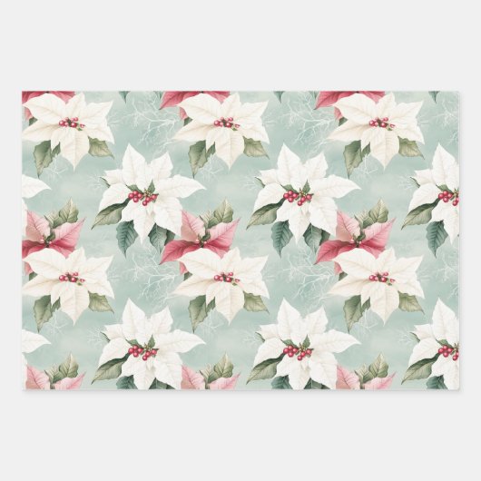 ホワイトピンクエレガントのクリスマスポインセティアス ラッピングペーパーシート (正面)