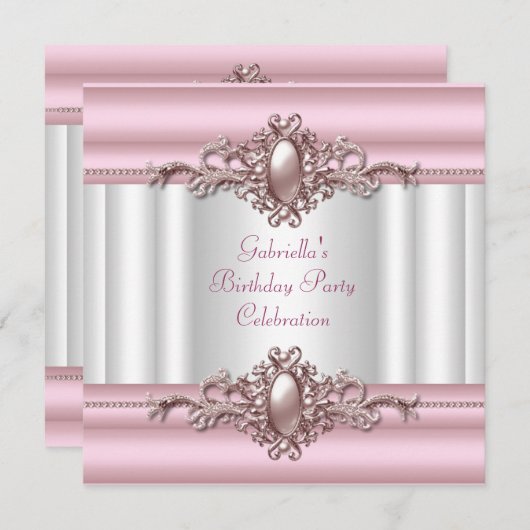 ホワイトピンクエレガントバースデーパーティーパールイメージ 招待状 (正面/裏面)