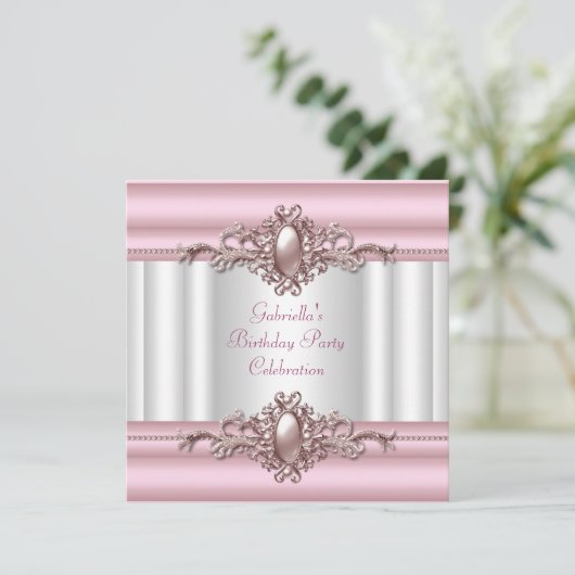 ホワイトピンクエレガントバースデーパーティーパールイメージ 招待状 (スタンド正面)