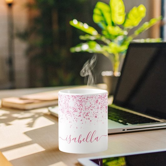 ホワイトピンクグリッターダストメタル名スクリプト コーヒーマグカップ