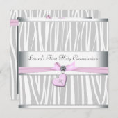 ホワイトピンクゼブラピンクハートクロスファースト聖体 招待状 (正面/裏面)