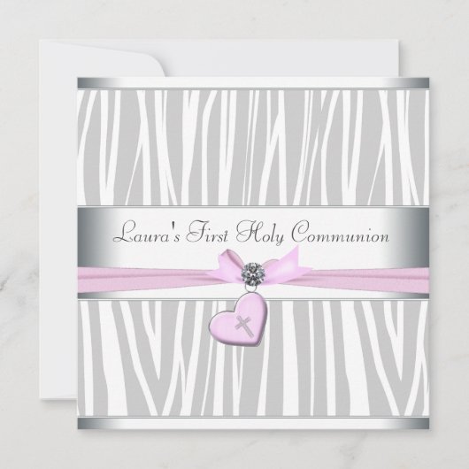 ホワイトピンクゼブラピンクハートクロスファースト聖体 招待状 (正面)