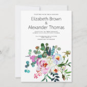 ホワイトピンクティール(緑がかった色)グリーンピーニーフローラボホ結婚ー 招待状 (正面)