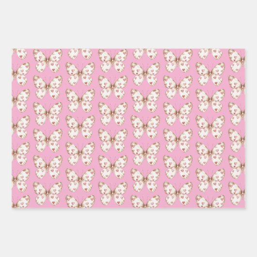 ホワイトピンクバタフライハート誕生日 ラッピングペーパーシート (正面3)