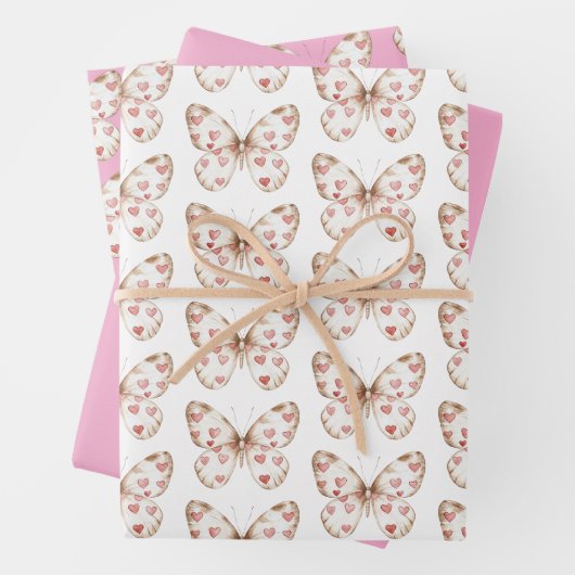 ホワイトピンクバタフライハート誕生日 ラッピングペーパーシート (インサイチュ)