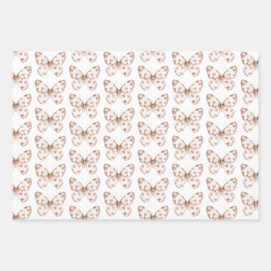ホワイトピンクバタフライハート誕生日 ラッピングペーパーシート (正面)