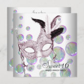 ホワイトピンクバブルSweet sixteenマスカレードパーティー 招待状 (正面/裏面)