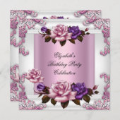 ホワイトピンクパープルバラエレガントバースデーパーティー 招待状 (正面/裏面)