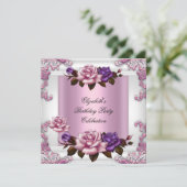 ホワイトピンクパープルバラエレガントバースデーパーティー 招待状 (スタンド正面)